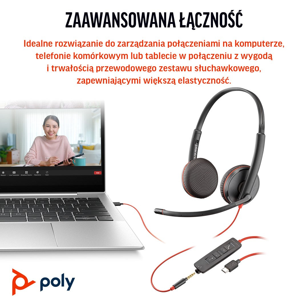 POLY Blackwire 3225 Stereo USB-C Headset +3.5 mm Plug +USB-C/A Adapter