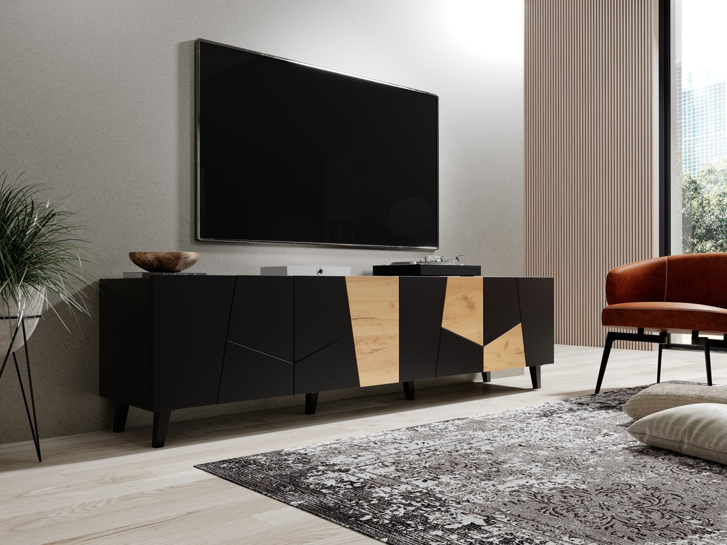 RTV Cabinet ETNA 200x42x52 Black Matt + Oak Craft