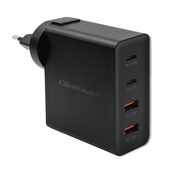 Qoltec GaN Power Pro Charger 130W 2xUSB-C 2xUSB 5-20V Black