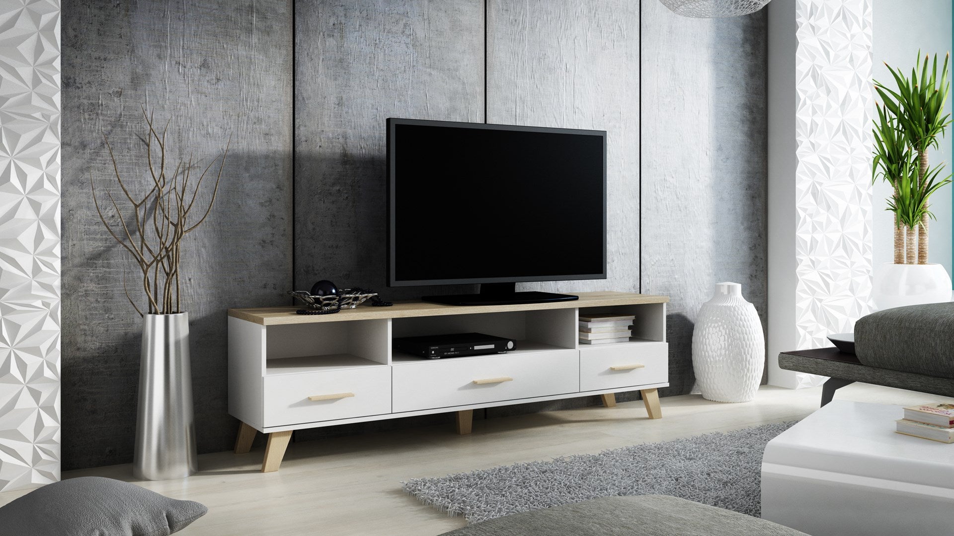 Cama RTV Stand LOTTA 180 cm White + Sonoma Oak