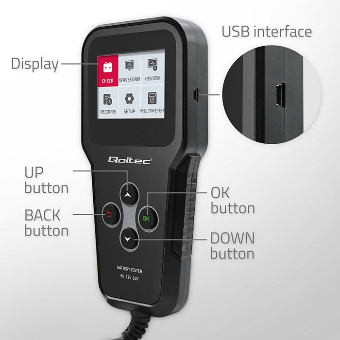Qoltec Digital 3-in-1 Battery Tester LCD 6V 12V 24V 10Ah-200Ah