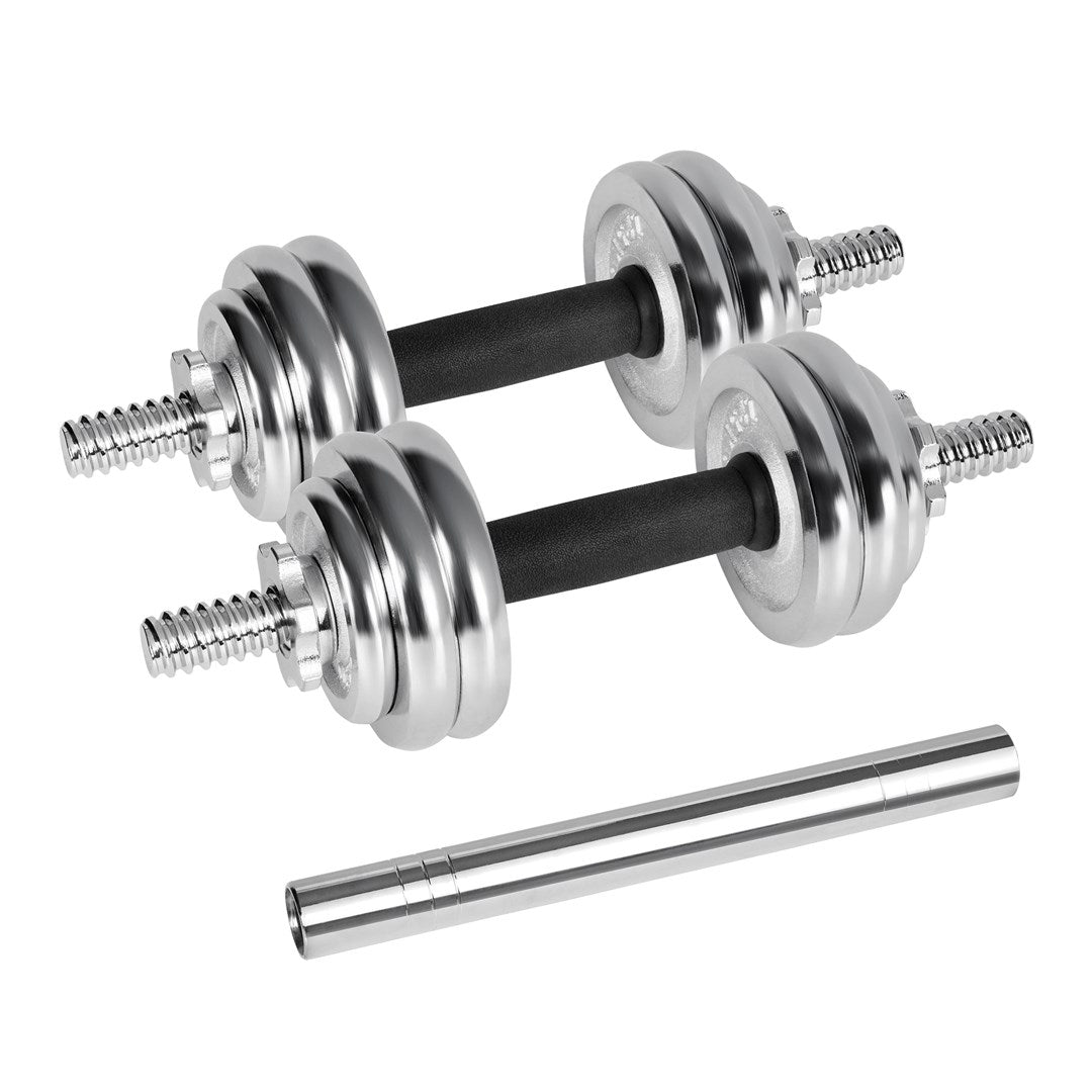 REBEL ACTIVE Chrome Adjustable Dumbbells Set 15 kg with Barbell in Case