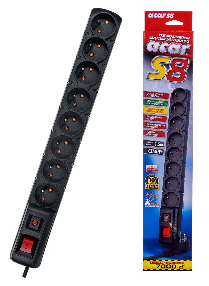 ACAR S8 Power Extension 1.5 m 8 AC Outlets Indoor Black