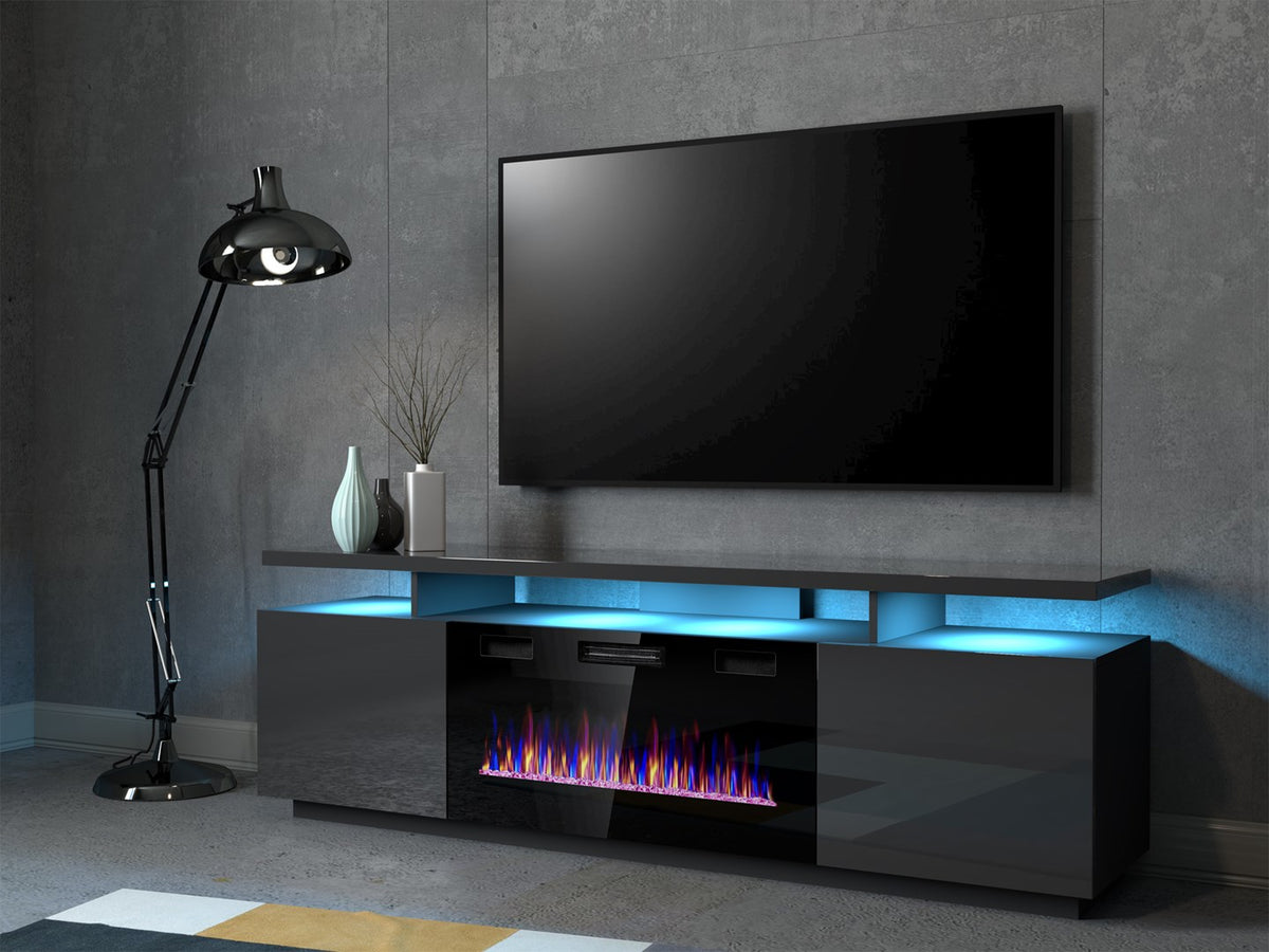 Cama MEBLE TV Cabinet EVA 1800 mm with Electric Fireplace, Graphite, Self-Assembly