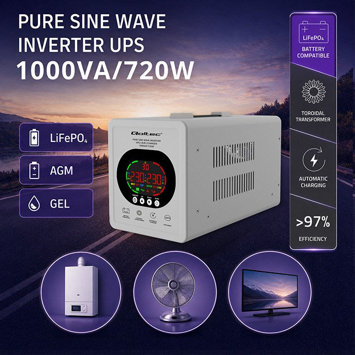 Qoltec UPS Power Supply 1000 VA Pure Sine Wave Inverter 720 W 50451