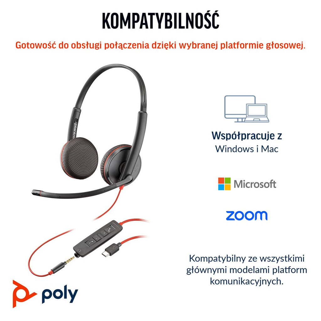 POLY Blackwire 3225 Stereo USB-C Headset +3.5 mm Plug +USB-C/A Adapter