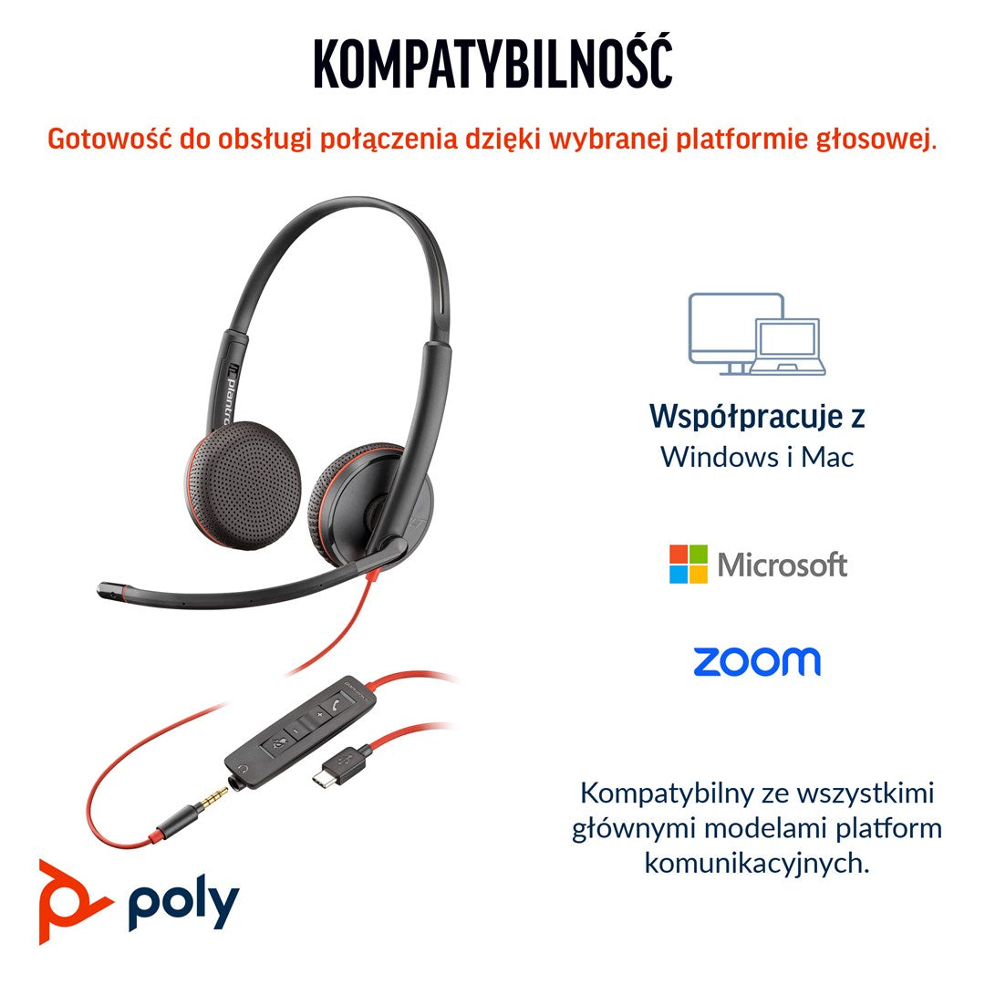 POLY Blackwire 3225 Stereo USB-C Headset +3.5 mm Plug +USB-C/A Adapter