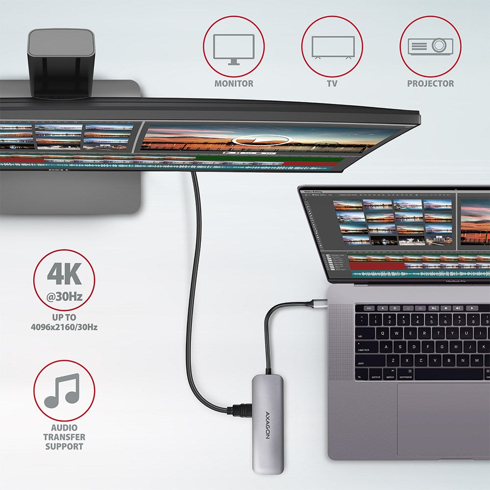 AXAGON HMC-5 USB 3.2 Gen 1 Hub 2x USB-A, HDMI, SD/microSD, PD 100W 20 cm USB-C Cable