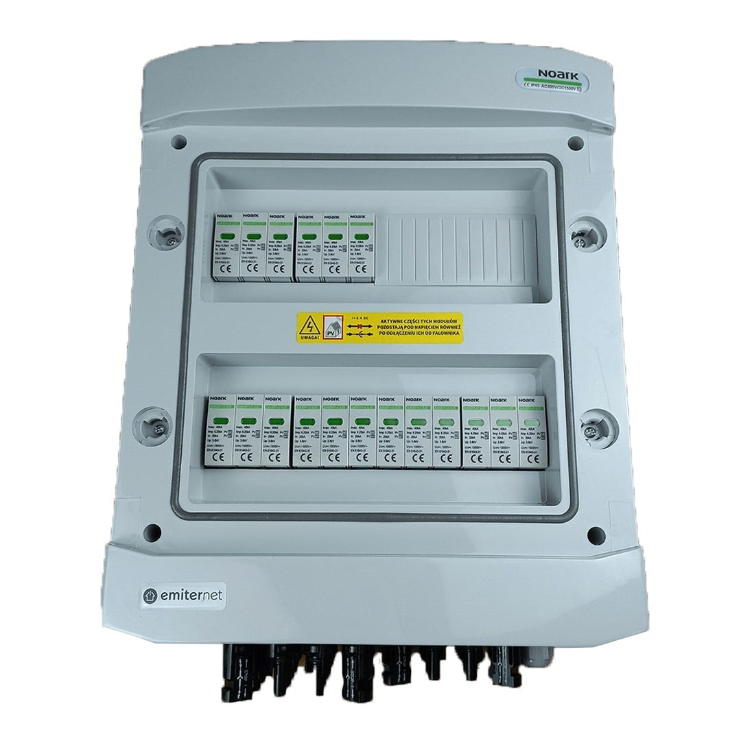 EMITER Switchgear IP65 with Noark 1000V Type 1+2 Surge Arrester, 6 PV Strings, 6 MPPTs, Model EM-654N_DC