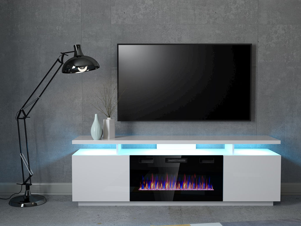 Cama MEBLE TV Cabinet EVA 1800 mm with Electric Fireplace, Glossy White, Self-Assembly