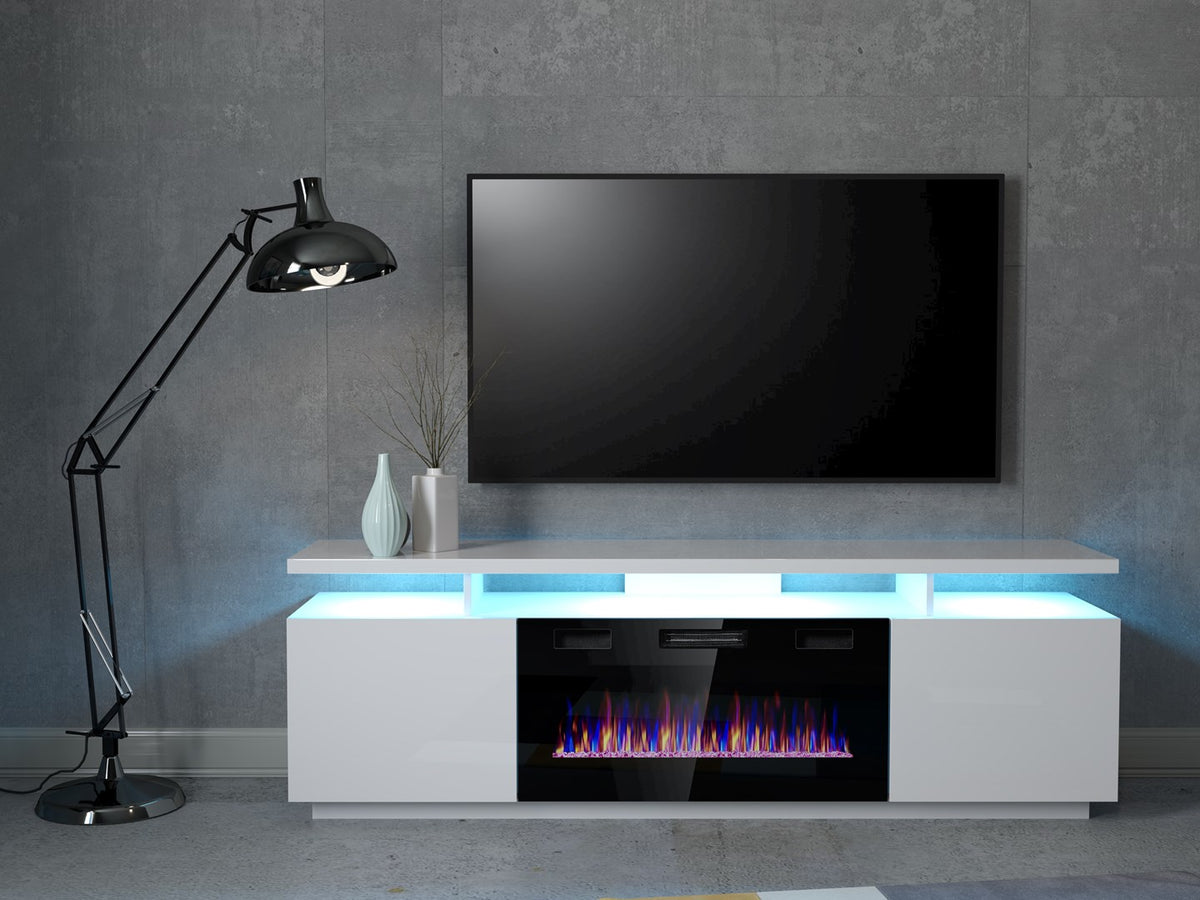 Cama MEBLE TV Cabinet EVA 1800 mm with Electric Fireplace, Glossy White, Self-Assembly