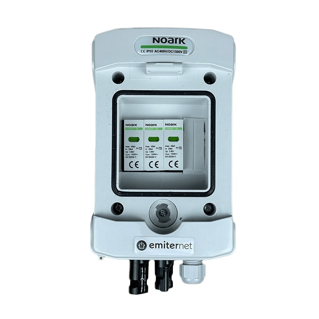 Switchgear attached DC hermetic IP65 EMITTER with Noark 1000V type 2 DC surge arrester  1x PV string  1x MPPT