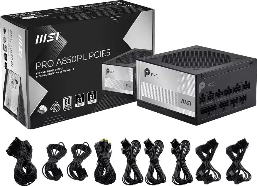 MSI Power Supply 850W 80 PLUS Platinum Active Cooling Model 306-7ZPLY11-HD8