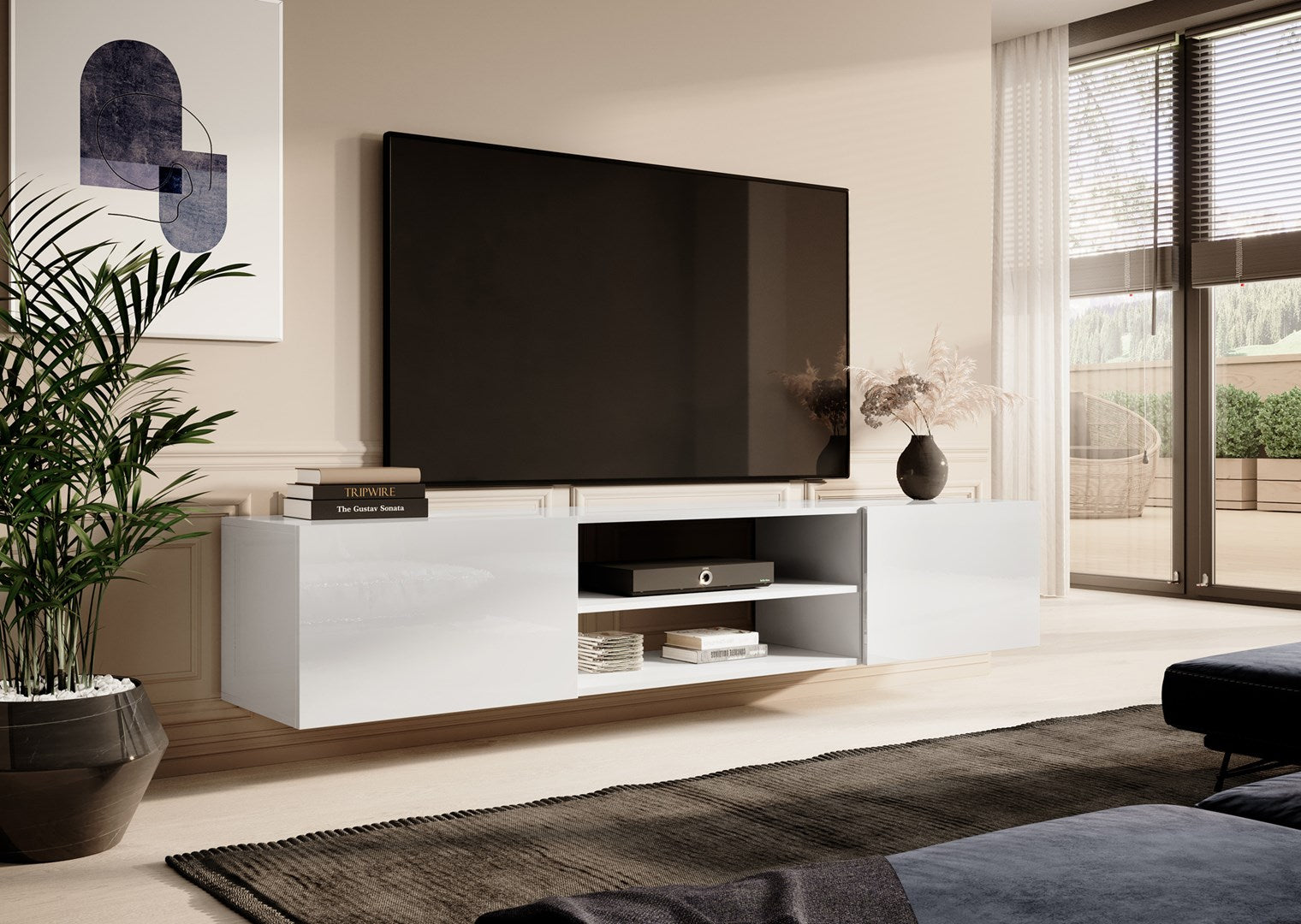 RTV Cabinet SLIDE 200K 200x40x37 cm All Glossy White - 2 Doors, 1 Shelf