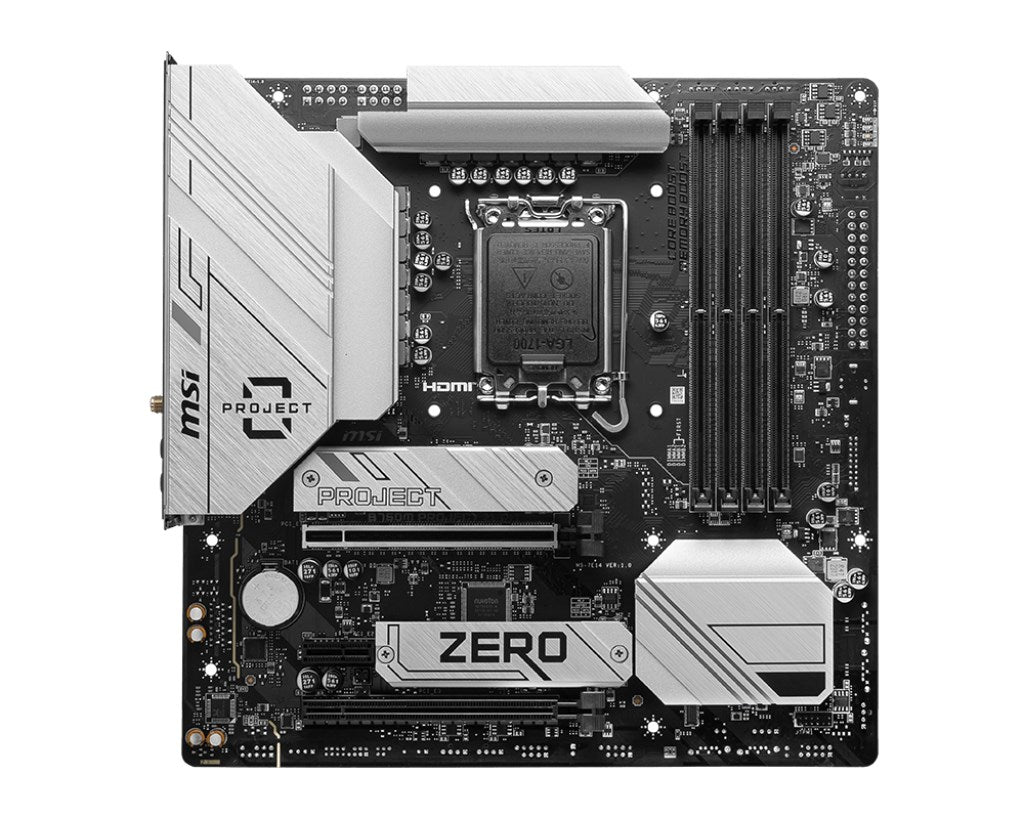 MSI B760M PROJECT ZERO - Motherboard - micro ATX - LGA1700 socket - B760 chipset - USB 3.2 Gen 1, USB 3.2 Gen 2, USB-C 3.2 Gen 2, USB-C 3.2 Gen 2x2 - 2.5 Gigabit LAN, Wi-Fi 6E, Bluetooth - Onboard graphics (CPU required) - HD Audio (8-channel) (7E14-001R)