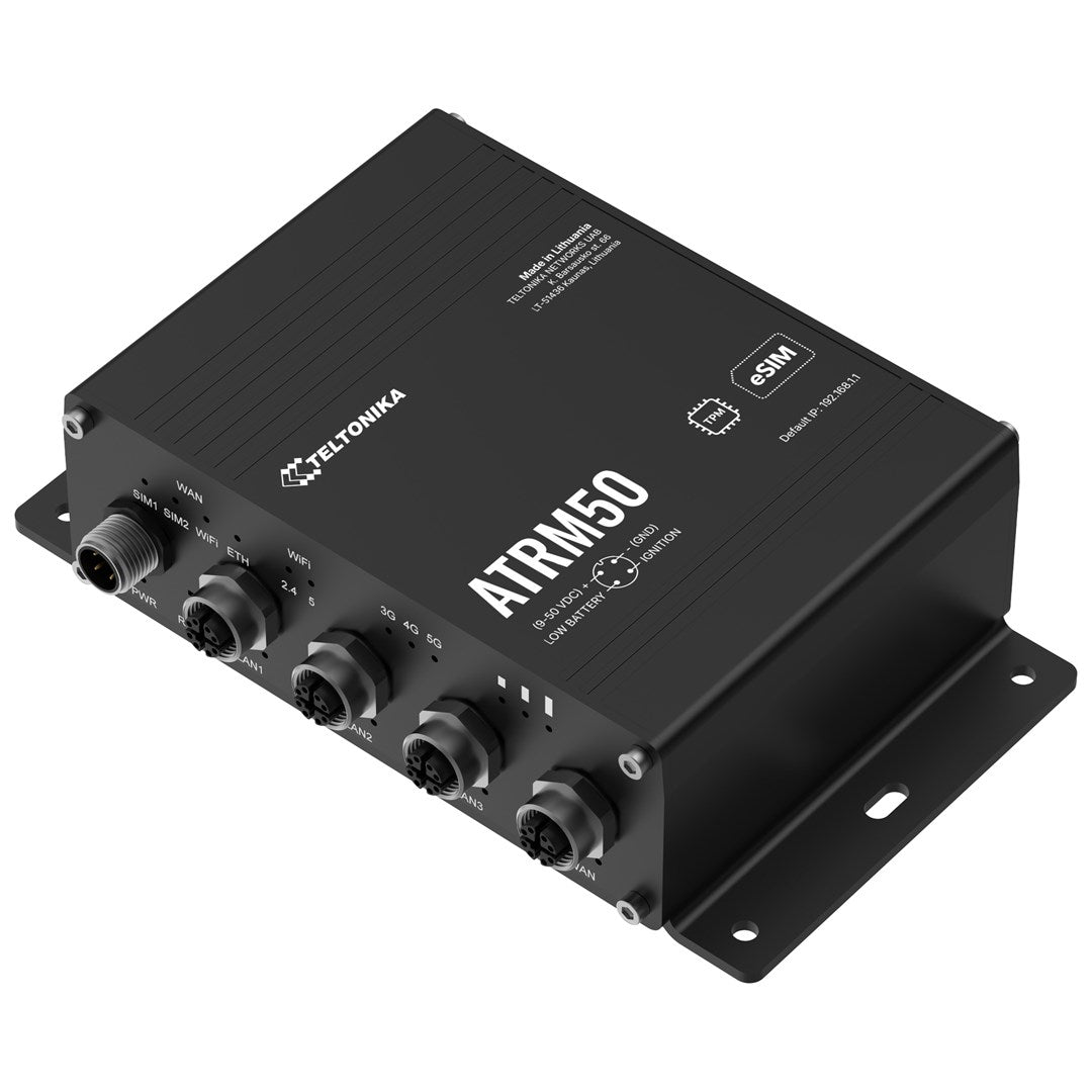 Teltonika ATRM50 5 G Router - Rugged Design - 4 M12 Gigabit Ethernet Ports - Dual SIM with eSIM - Certified to EN 45545-2
