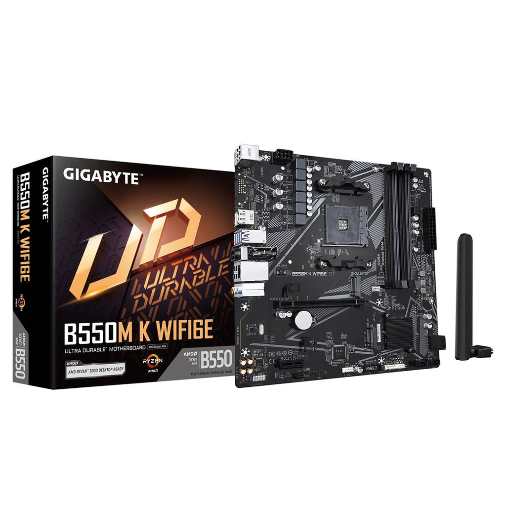 GIGABYTE B550M K WIFI6E Motherboard - AMD Ryzen 5000 CPUs  up to 4733MHz DDR4  1xPCIe 4.0 + 1xPCIe 3.0 M.2  WIFI 6E  1GbE LAN  USB 3.2 Gen 1