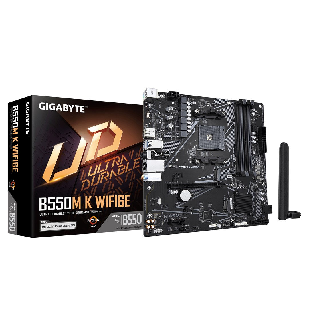 GIGABYTE B550M K WIFI6E Motherboard - AMD Ryzen 5000 CPUs  up to 4733MHz DDR4  1xPCIe 4.0 + 1xPCIe 3.0 M.2  WIFI 6E  1GbE LAN  USB 3.2 Gen 1