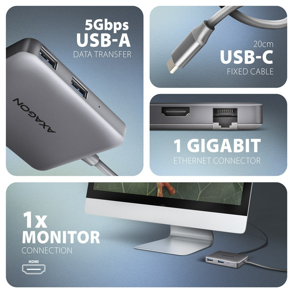 Axagon N HMC-5HL USB 5Gbps hub 2x USB-A HDMI 4k/60Hz RJ-45 GLAN PD 100W kabel USB-C Wired USB 3.2 Gen 1 (3.1 Gen 1) Type-C Silver