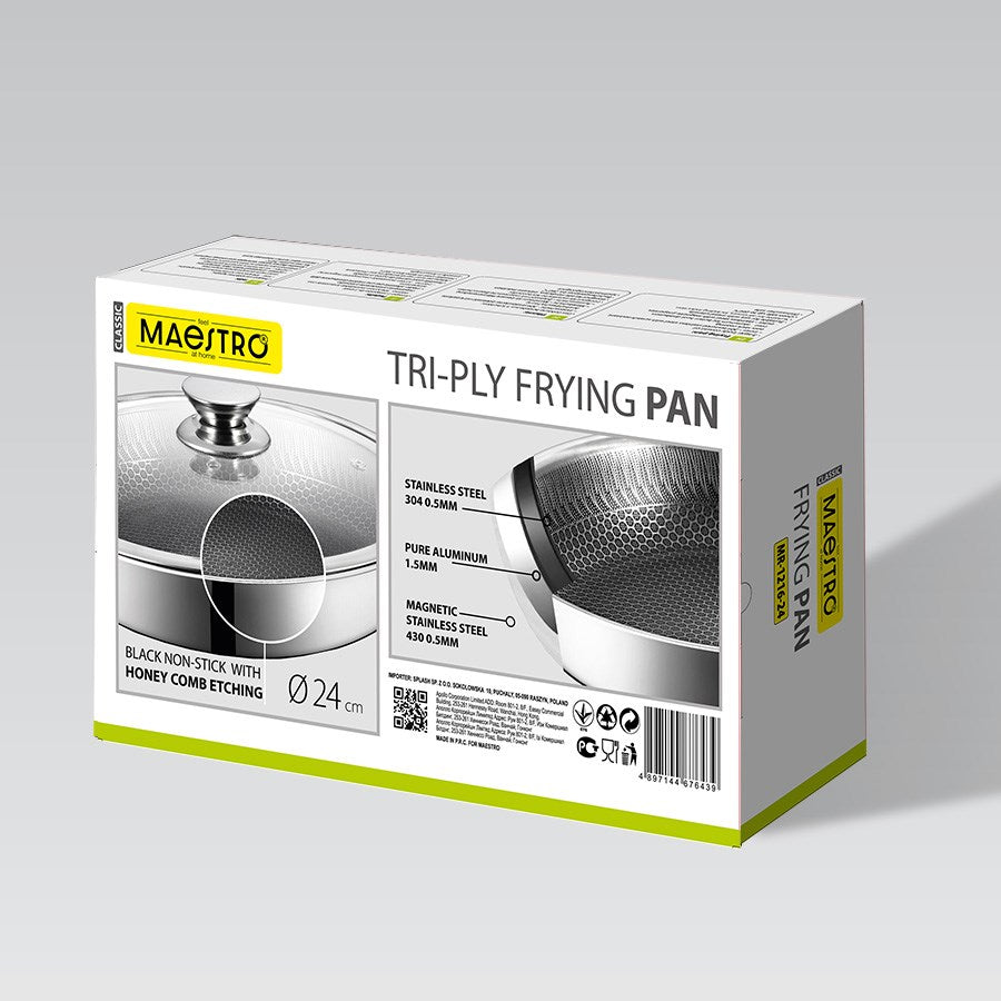 Maestro Frying Pan with Lid - 24 cm - Stainless Steel & Aluminum - Oven Safe 260 °C - Model MR-1216-24
