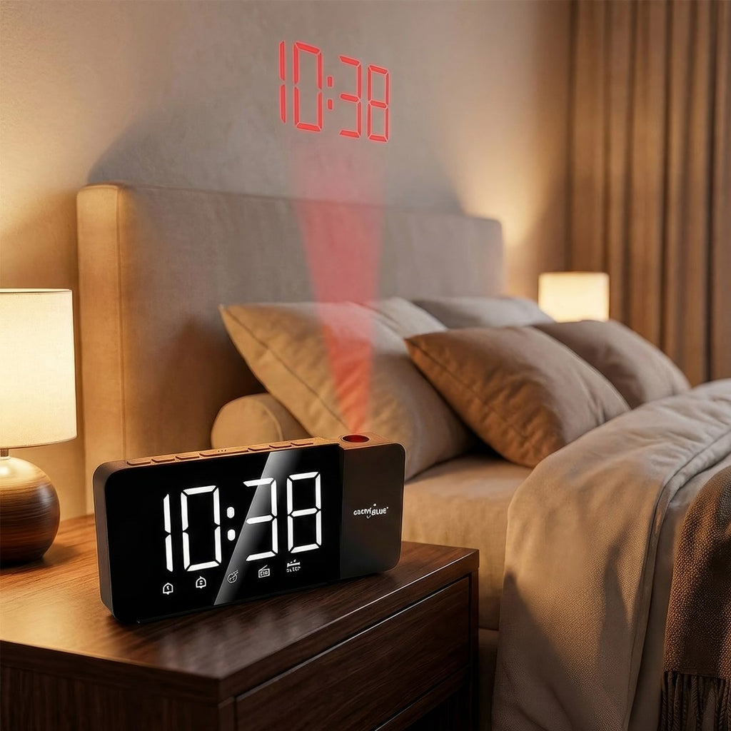 Digital LED Clock Radio with GreenBlue Projector FM Radio Alarm 12/24 Clock 5V DC USB Power Supply + CR2032 GB172