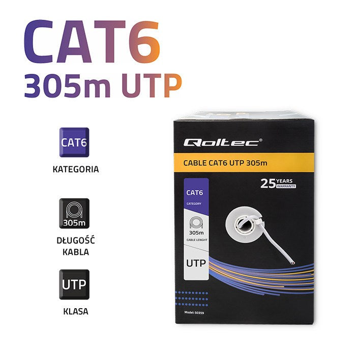 Qoltec UTP Cable Twisted Pair CAT6 305 m PVC Grey