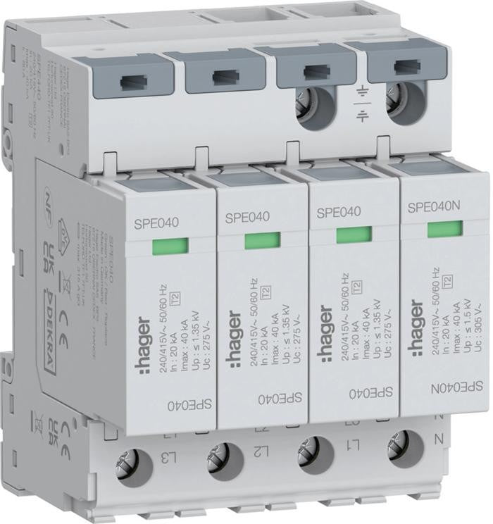 Hager Surge Arrester 4P T2 SPE440 TNS/TT Uc 275V In 20kA Imax 40kA