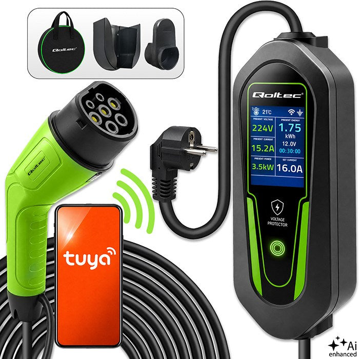 Qoltec Ładowarka do samochodu elektrycznego EV i hybryd z regulacją 2w1 Typ2 | 3.5kW | 230V | SCHUKO 16A | Wi-Fi | Tuya | Smart life | LCD | Certyfikat TÜV |  5m