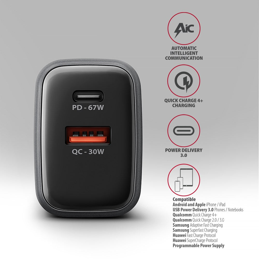 Axagon ACU-PQ67 PD3.0 & QC4+ 2xOUTPUTS wall charger 67W