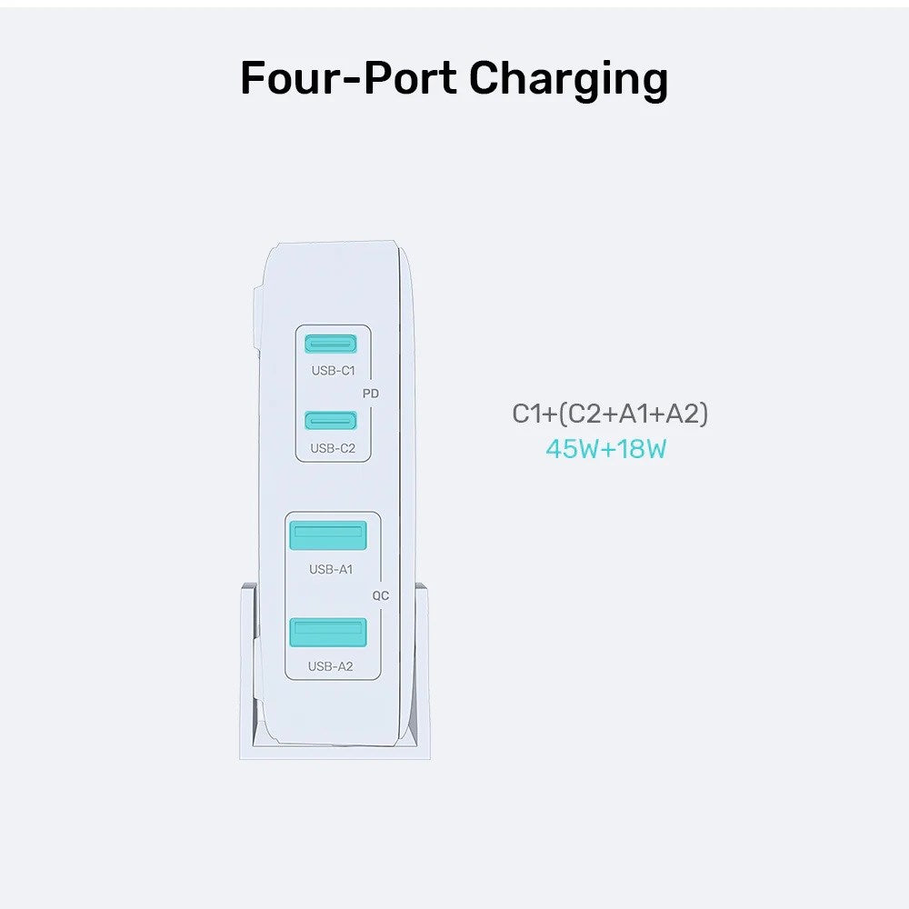 GaN network charger - Unitek P1228AWH01-EU | 70W 2x USB-C 2x USB-A