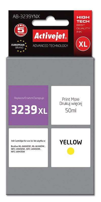 Activejet Ink Cartridge AB-3239YNX, 50 ml, Yellow, Compatible with Brother LC3239XLY