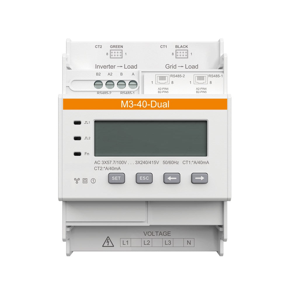 SOLAX // Licznik M3-40-Dual  zawiera podwójny komplet przekładników NCTK-16 100A/40mA. Umożliwia wykonanie dwóch punktów pomiaru za pomocą 1 licznika