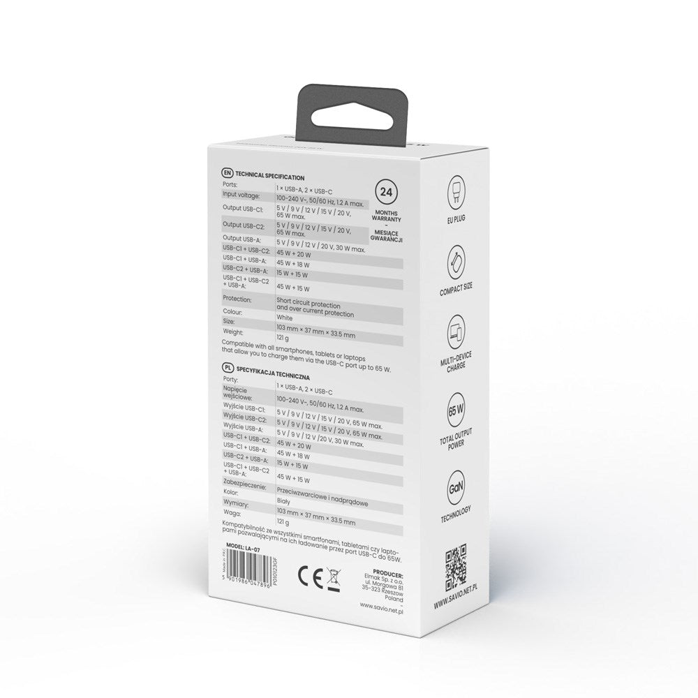 SAVIO LA-07 GaN 65W Mains Charger USB QC4.0+ PD 3.0 White