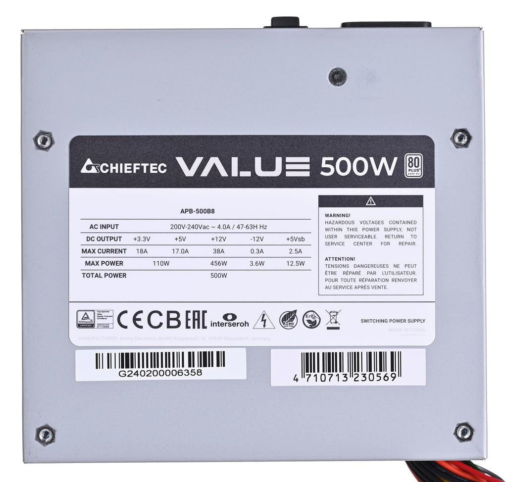 Chieftec Value APB-500B8 500W Power Supply 20+4 pin ATX Silver | Model APB-500B8