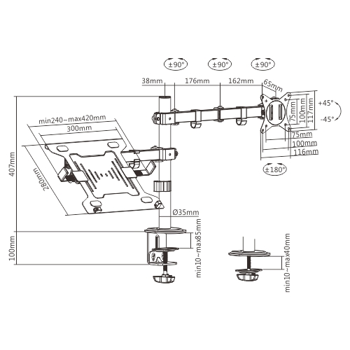 Gembird MA-DA-03 Adjustable Desk Mount with Monitor Arm and Notebook Tray 17”-32” up to 9 kg