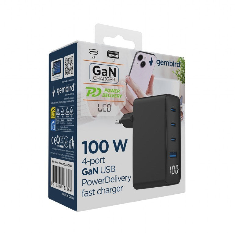 Gembird TA-UC-PDQC100LCD-01-BK Mobile Charger 100W Black