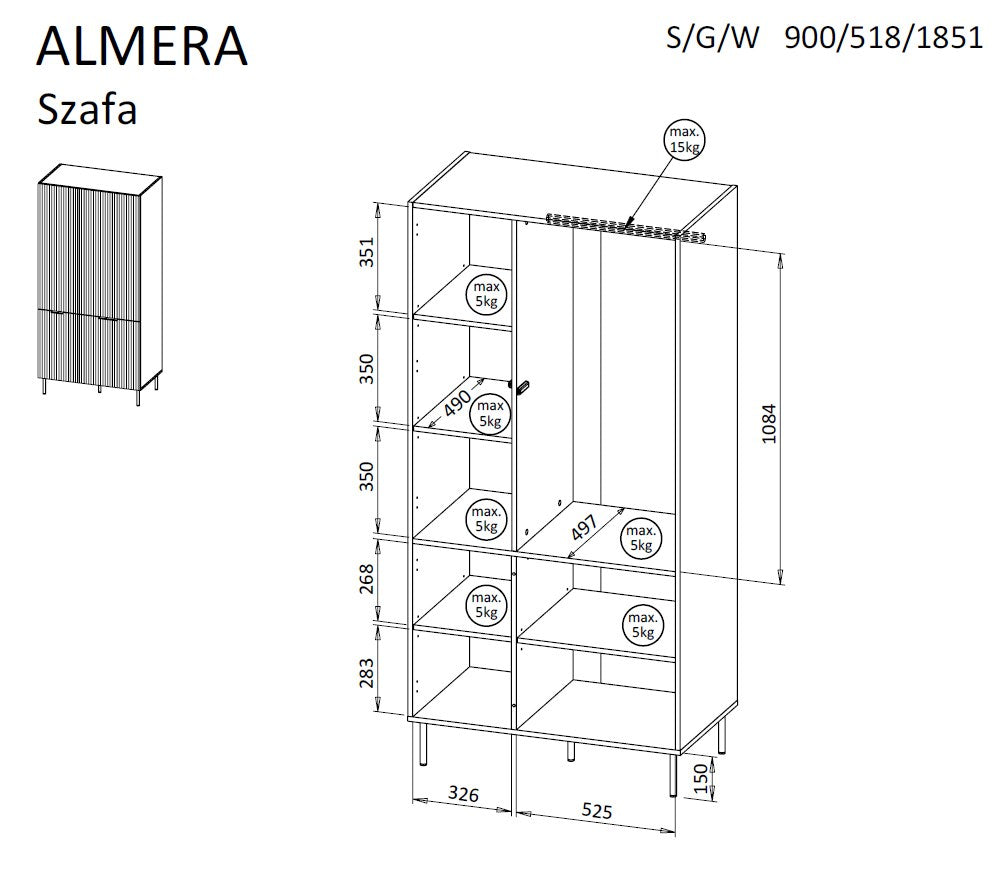 Cama 5 ALMERA Wardrobe 90x52x185 Walnut/Cashmere