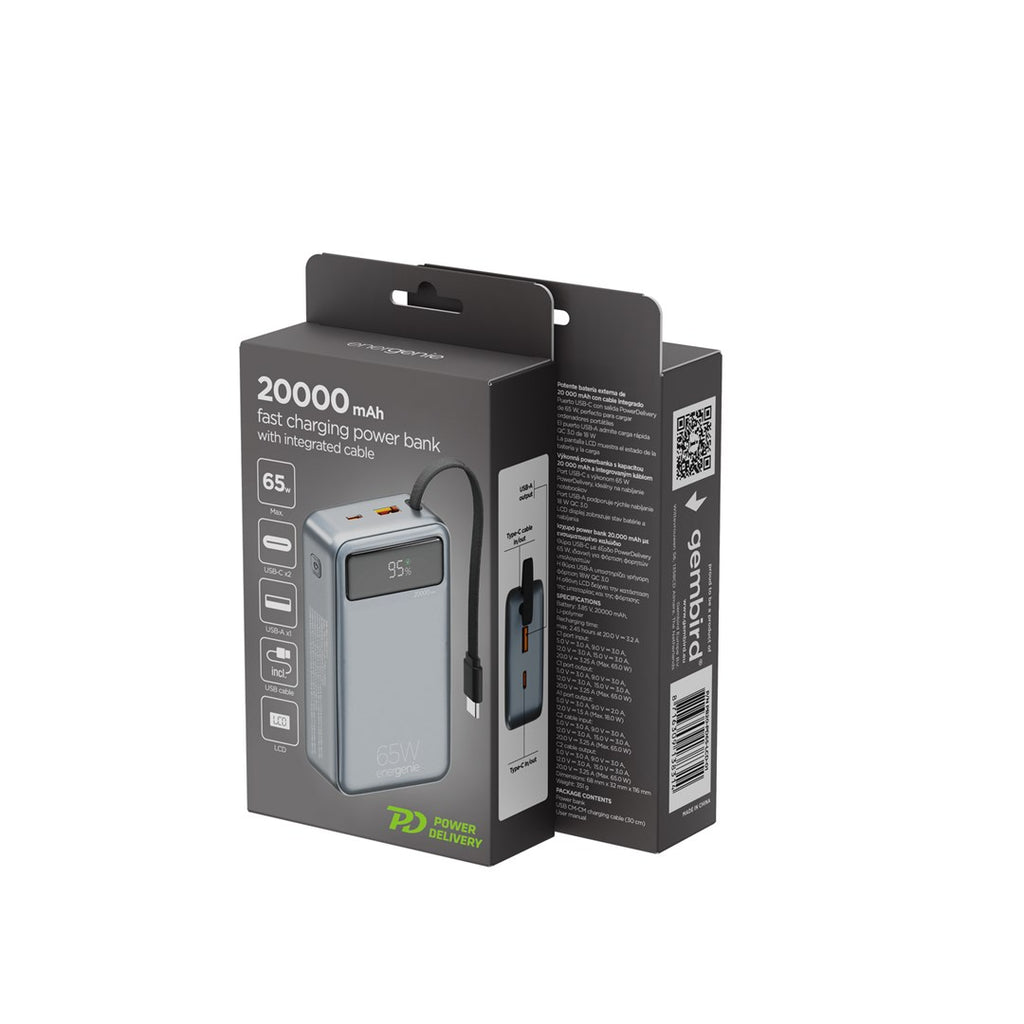 GEMBIRD Power Bank 20000mAh with Fast Charging and Integrated Cables - PB20-PD65-LCD-01