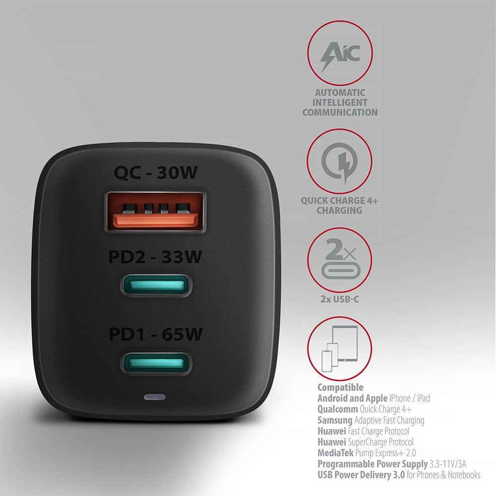 AXAGON ACU-DPQ65 Charger  2x USB-C  1x USB-A  PD3.0/QC4+/PPS  65W - black