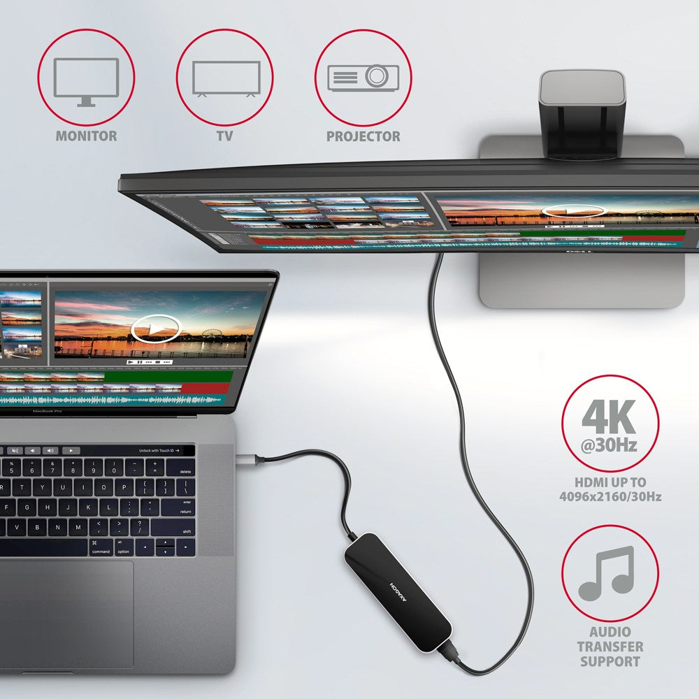 Axagon HMC-6H4A USB 3.2 Gen 1 hub  4x USB-A  HDMI 4k/30Hz  PD 100W  20cm USB-C cable