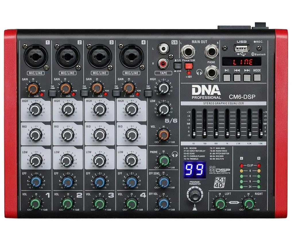 6-Channel USB Audio Mixer with MP3 Player and Bluetooth 6-Kanal-USB-Audiomixer MP3-Player 48-V-Phantomspeisung