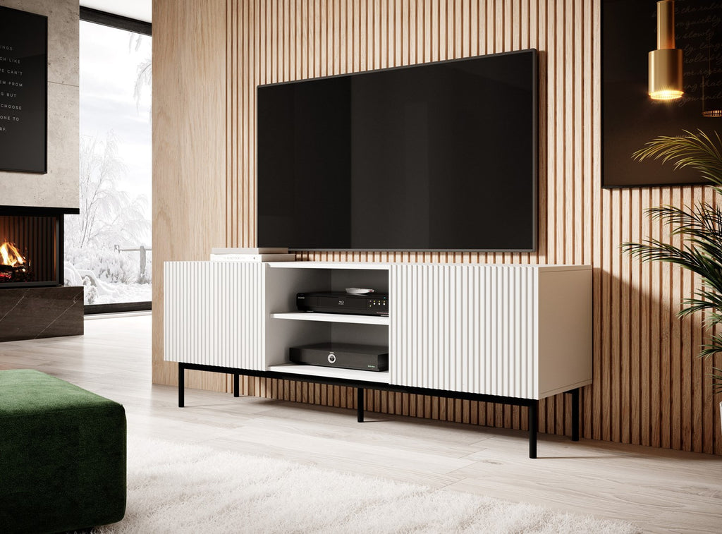PAFOS RTV Cabinet on Black Steel Frame 150x40x60 cm White Matt - 2 Doors, 3 Shelves