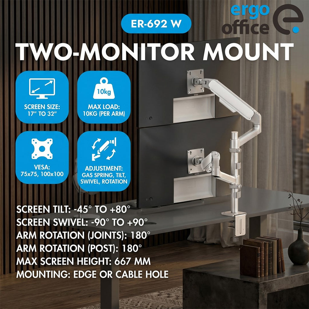Ergo Office Dual Monitor Mount for 17-32" Screens - 10 kg Capacity per Arm - Model ER-692 W