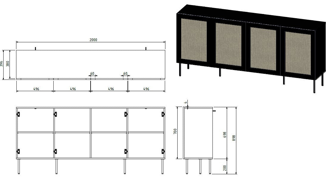 JUTA 4D Chest of Drawers 200x39.5x90 Black + Linol Calabria