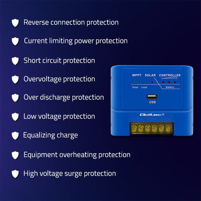 Qoltec 53671 Solar charge controller MPPT 15A for powering DC consumers and charging batteries 12V / 24V | LiFePO4