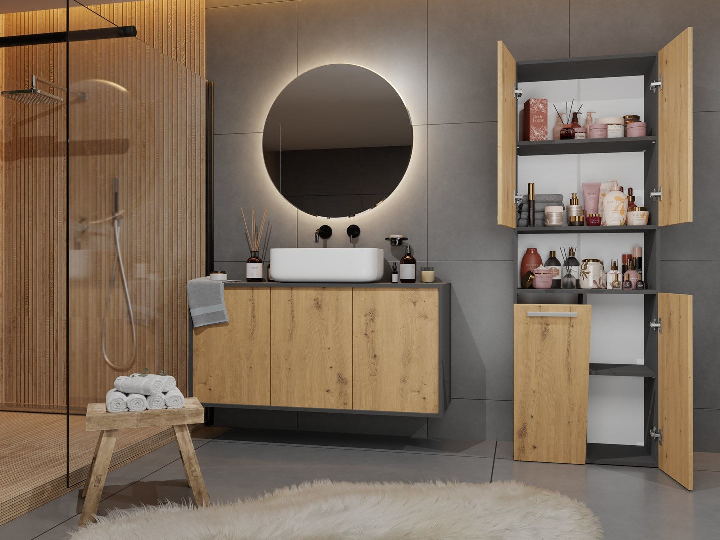 Topeshop Bathroom Storage Cabinet NEL 1K DK ANT/ART KP Graphite Oak