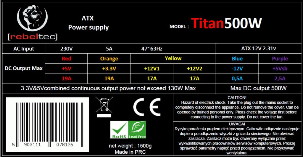 Rebeltec TITAN 500 ATX power supply ver. 2.31