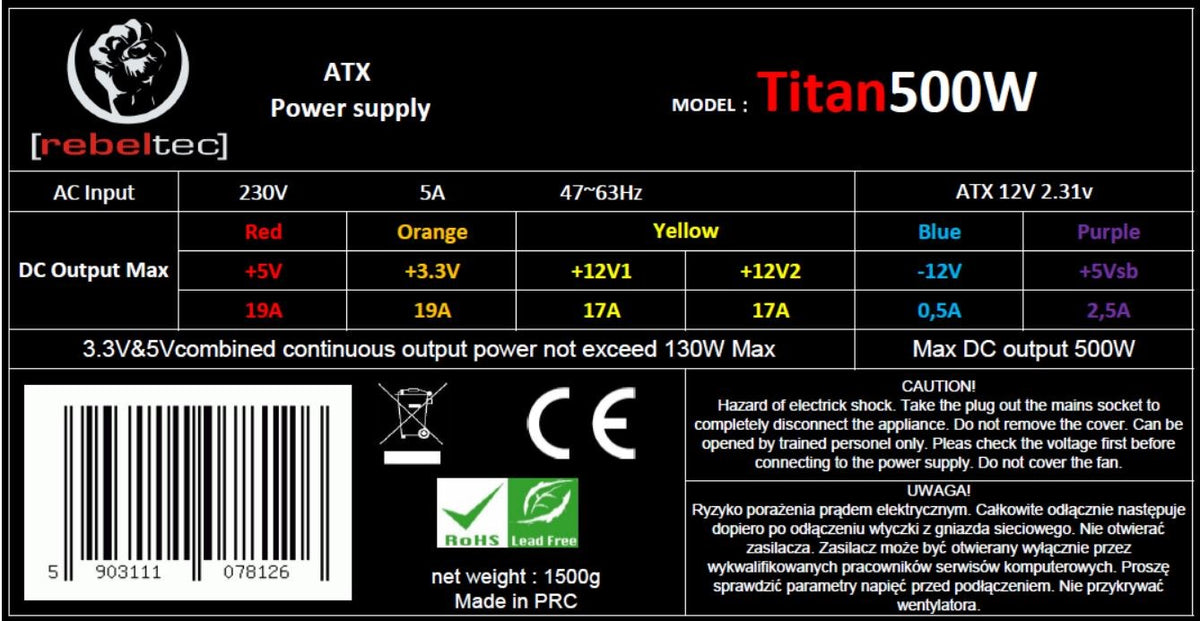 Rebeltec TITAN 500 ATX power supply ver. 2.31