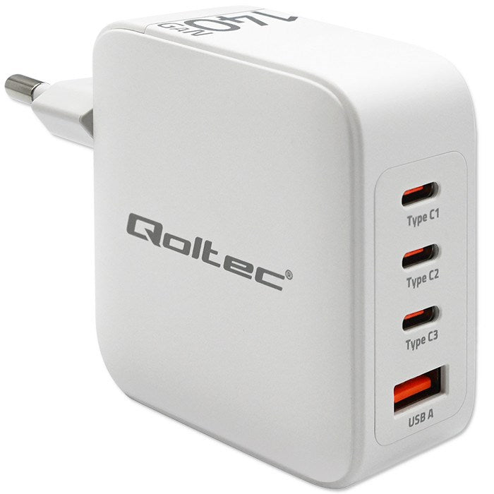 Qoltec 140W GaN Wall Charger 5-20V 3x USB-C PD 1x USB QC 3.0 White