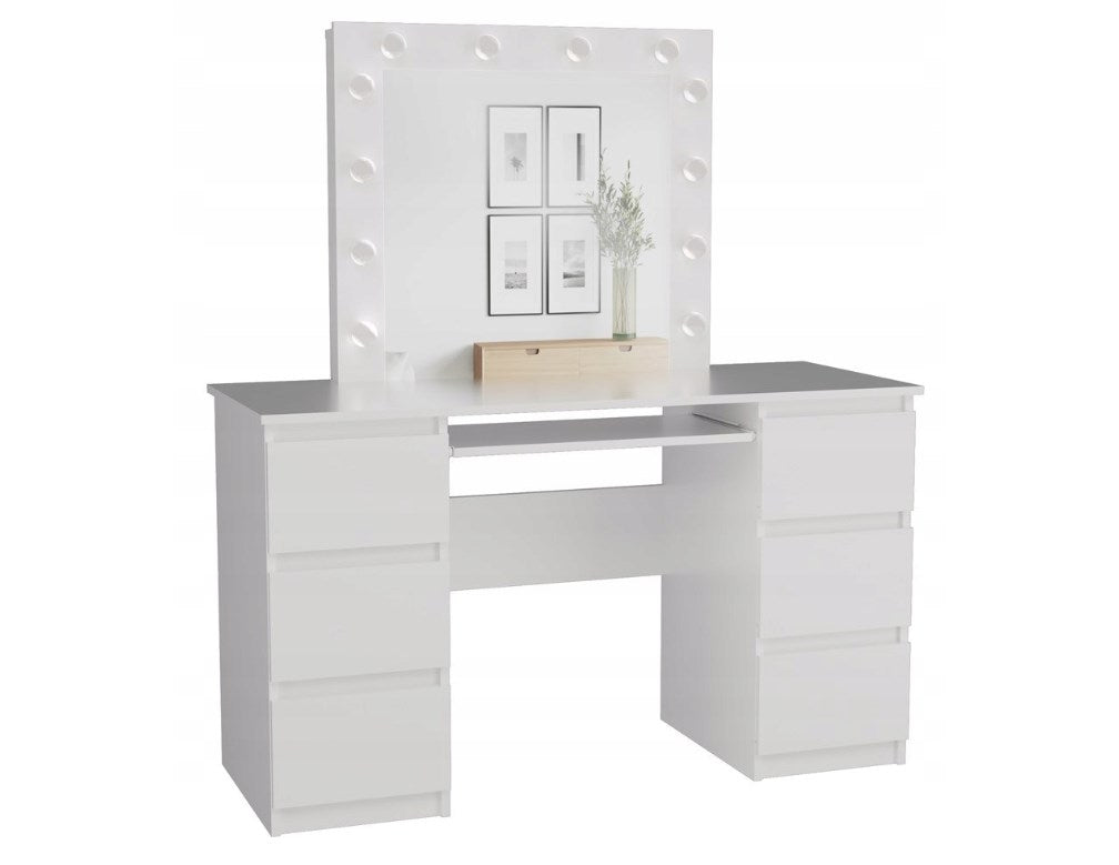KUBA Desk Set White Matt + MARINA Mirror, Elegant Dressing Table with LED Lighting